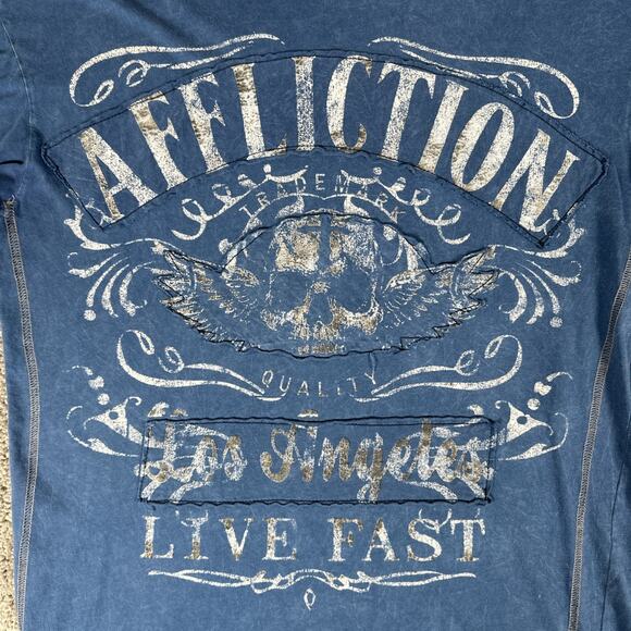 Affliction Shirt Mens L Blue Slim Fit Rope Stitch Skull Double Sided Tee Y2K - Picture 3 of 7